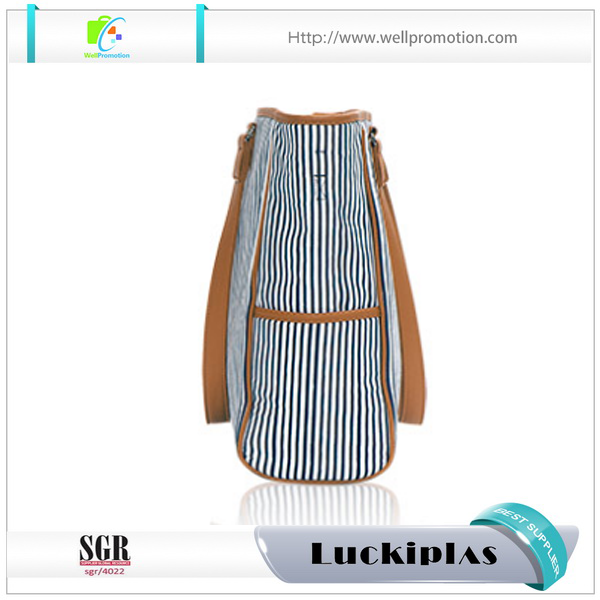 Borsa shopping da spiaggia da donna in tela a strisce verticali con manici in pelle