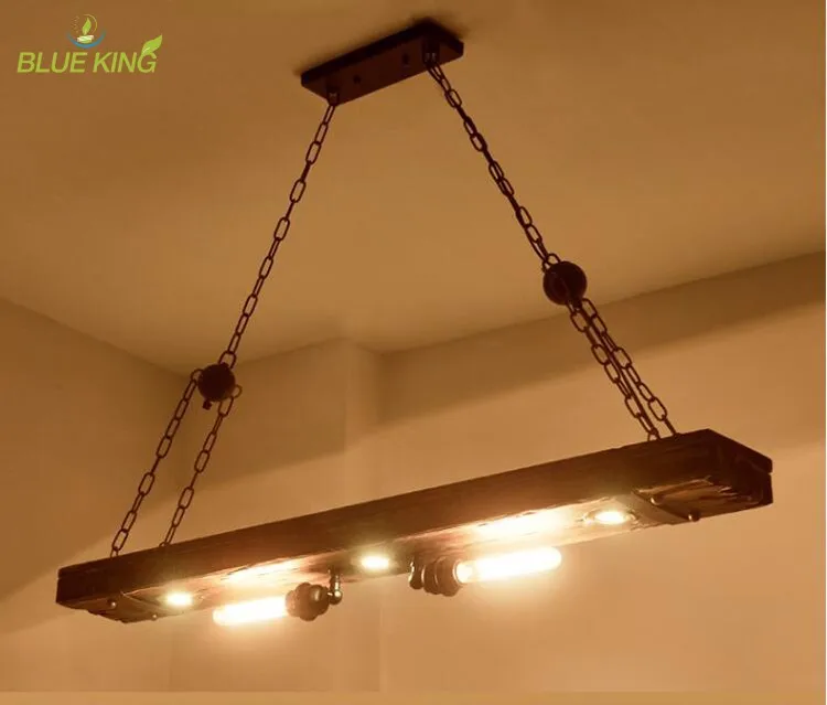 loft Vintage retro wooden led hanging lampbar hotel mall living room fixture long square ceiling chandelier pendant lights
