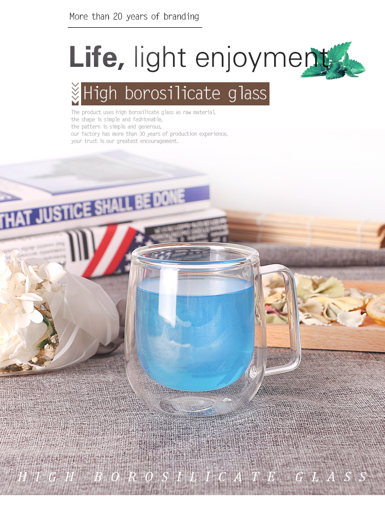 LOGO Custom Glassware Manufacturer Unbreakable Clear Borosilicate Double Wall Glass Tea Cup With Handle