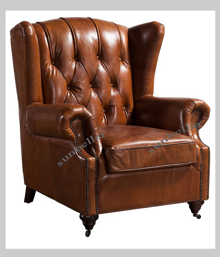 luxury American village vintage genuine leather wing back chair tufted buttons chesterfield rolled arm high back sofa chair