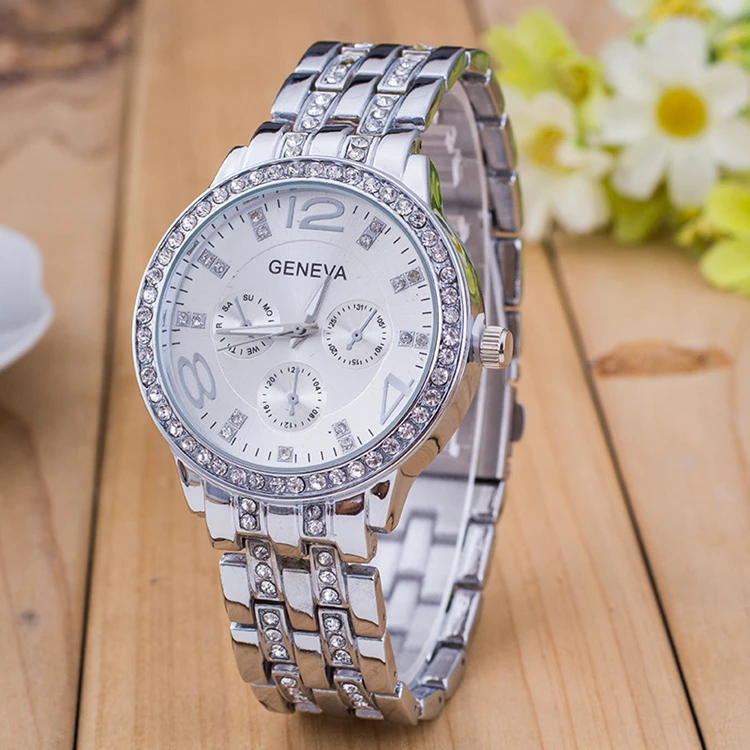 Supplier Price Ladies Quartz Diamond Woman Silver Geneva Watch