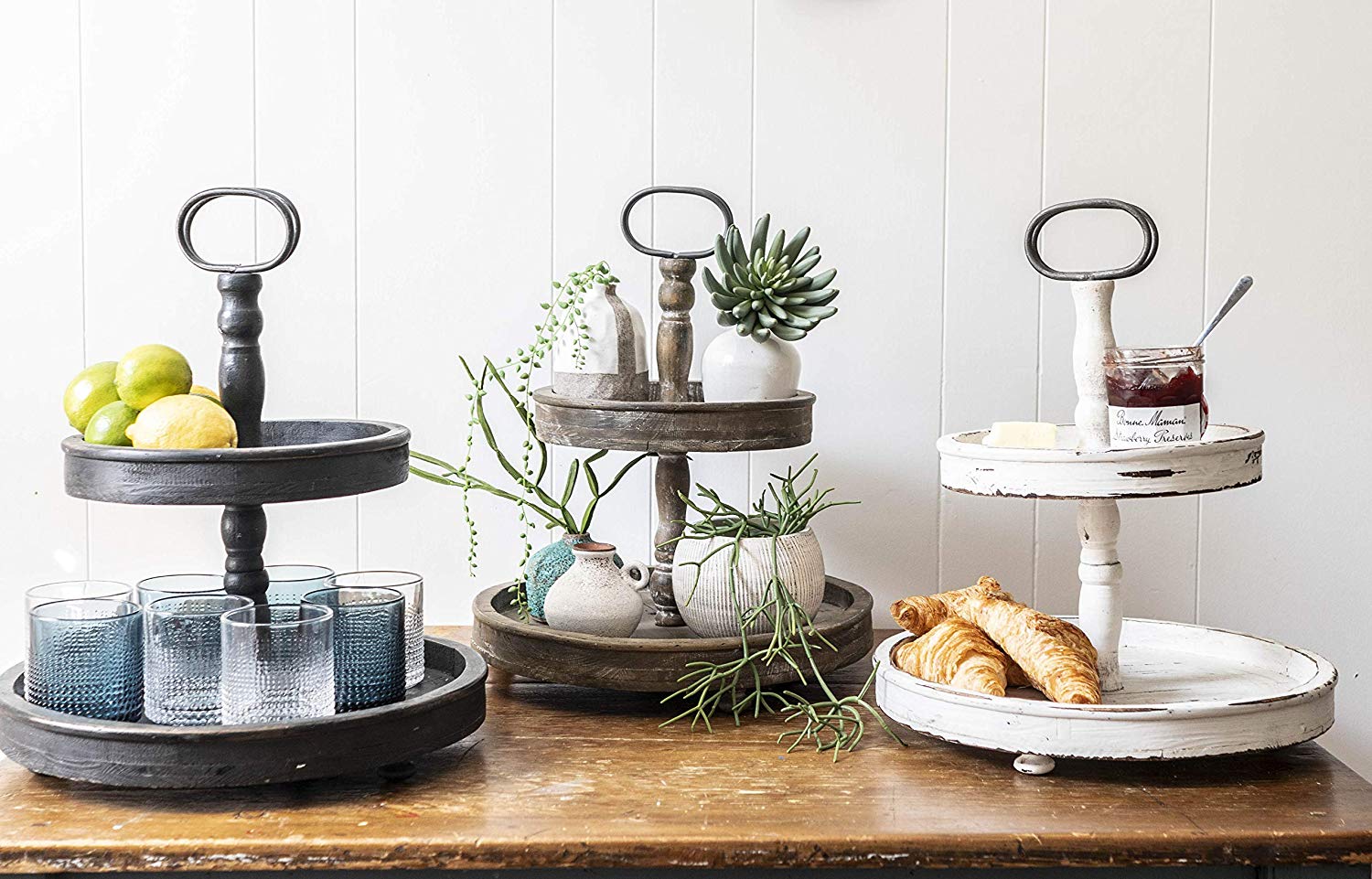 YuGuang New Design Distressed Cream Round Wood Tray with  Metal Handle 2-Tier Round Wooden Tray