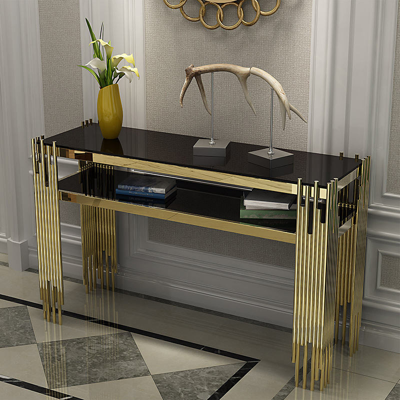 Hot Sales Luxury Modern Golden Stainless Steel Console Table Black Tempered Glass Rectangle Hallway Table