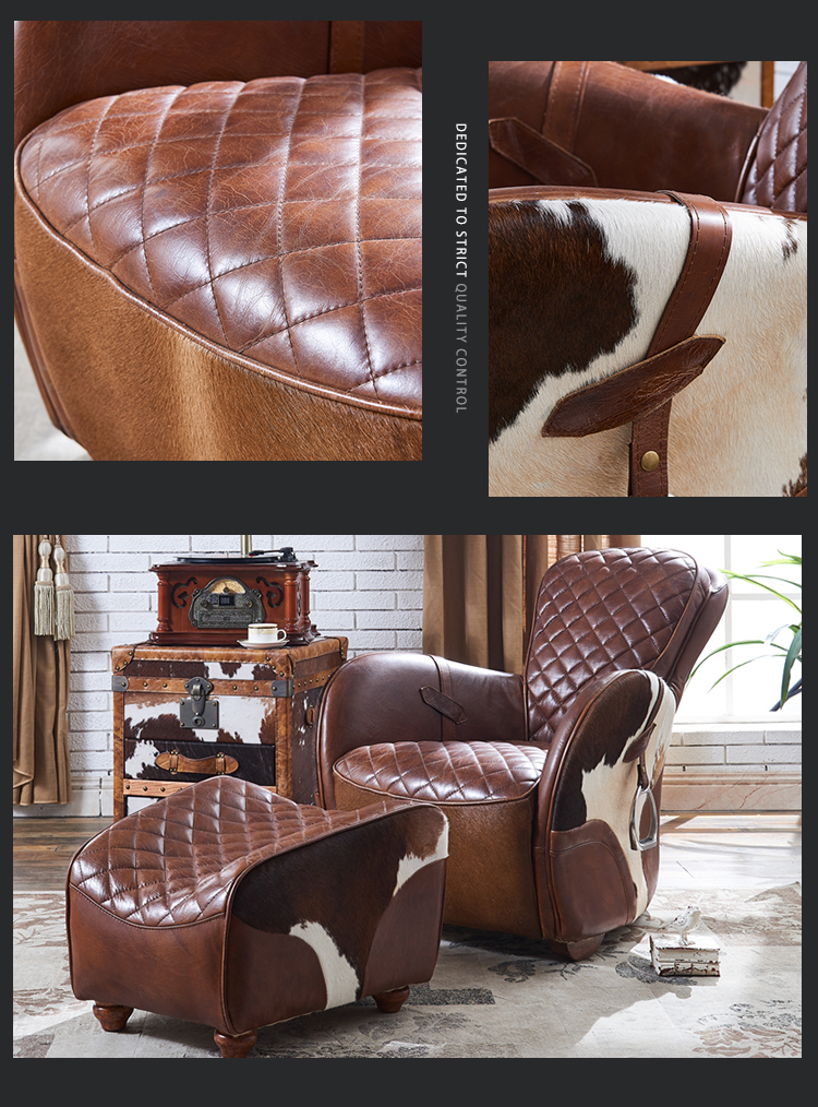 Luxury modern design saddle armchair with ottoman classical full genuine leather single sofa chair