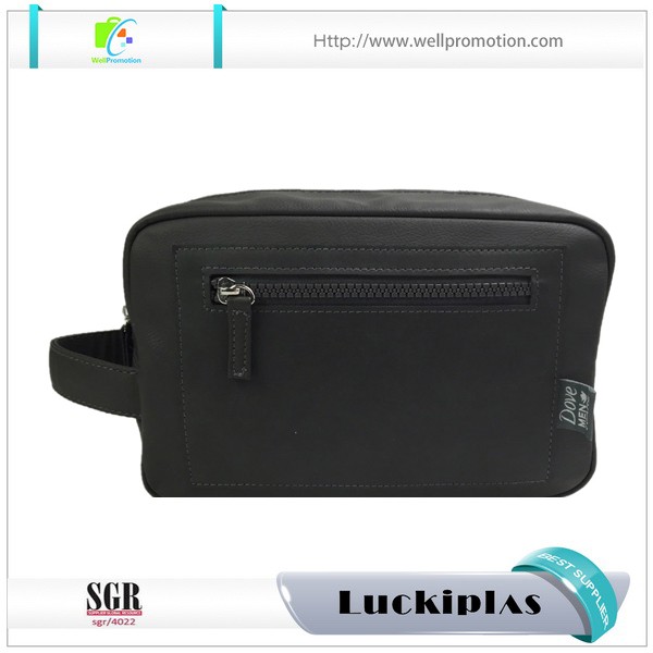 Bolsa de maquillaje cosmético de viaje para hombre de cuero negro con logotipo personalizado