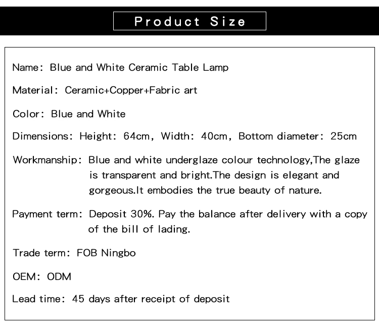 Jingdezhen blue and white full copper ceramic table lamp in living room and hotel for bedside cupboard