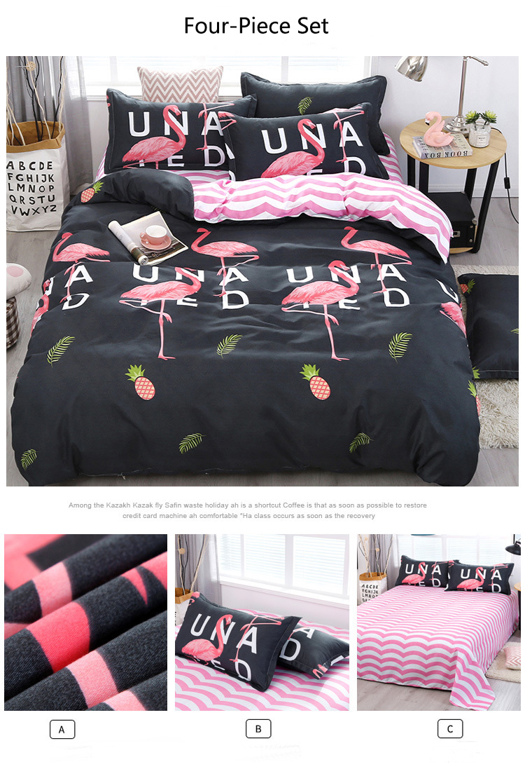 4pcs quantity plain simple digital printed polyester duvet quilt cover bedding set flamingo flat sheet bed set