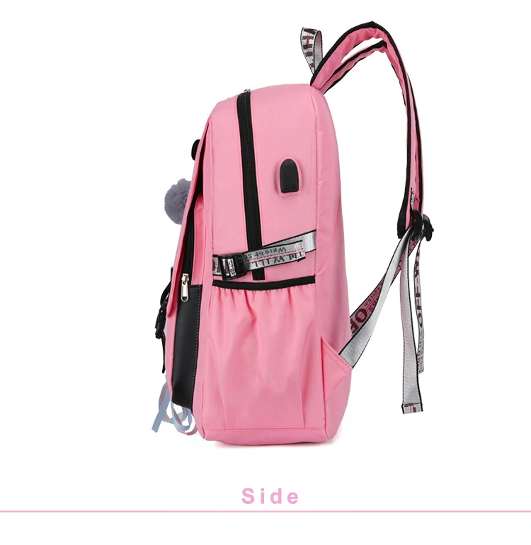 Fashion Sport Casual Personality Cute Girls Solid Color Polyester Ribbon Usb Charging Anti-theft School Backpack