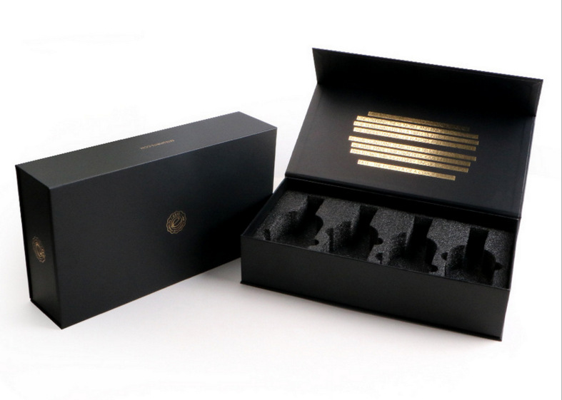 High end custom printed black cardboard paper cosmetic gift set packaging box with foam insert