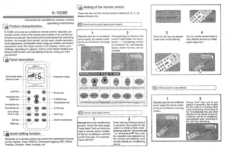 Controle remoto universal de ar condicionado, controlador de ar condicionado, multifuncional, A/C, K-1028E