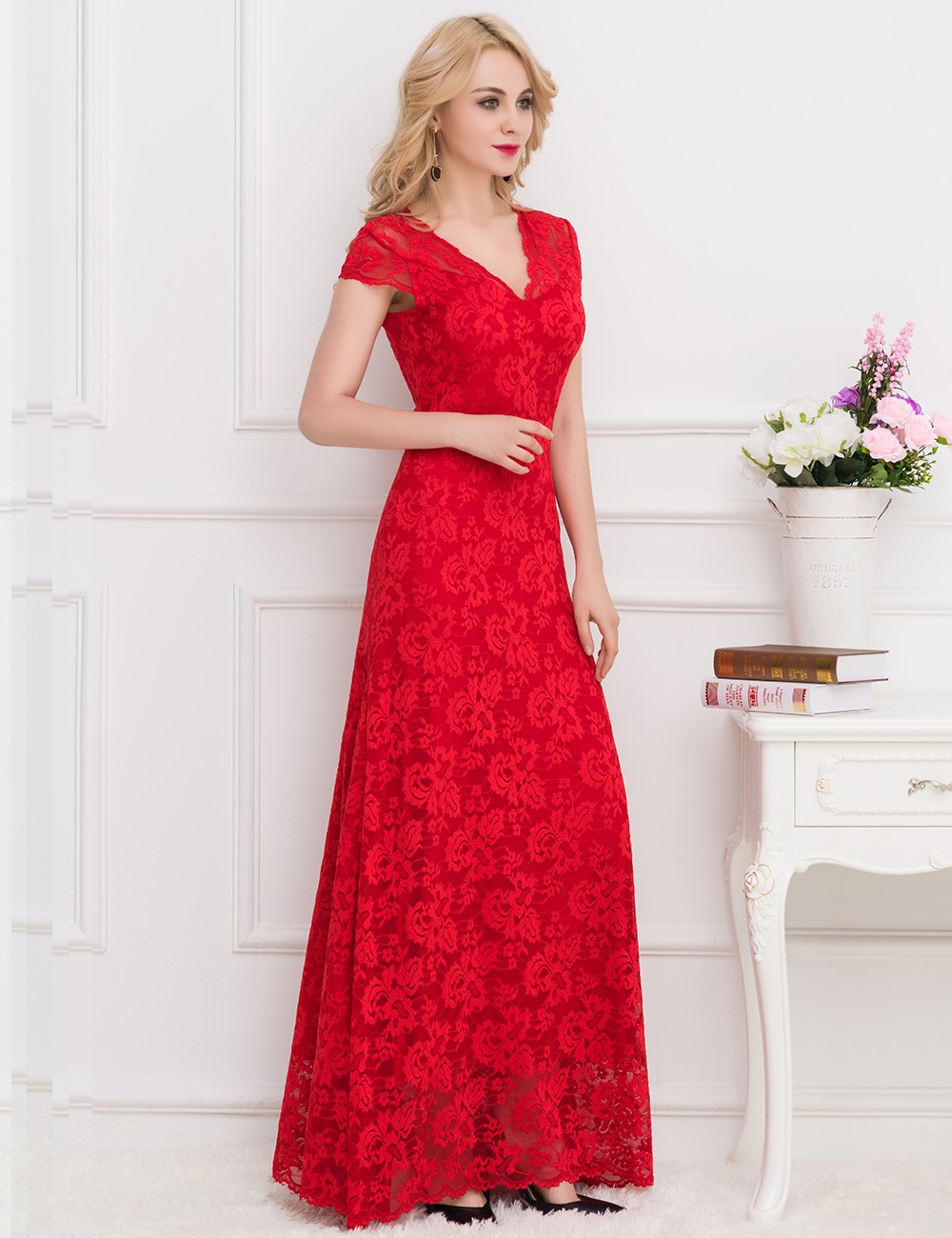 玫红色复古蕾丝新娘美人鱼蕾丝礼服婚纱 - buy vintage lace bridal