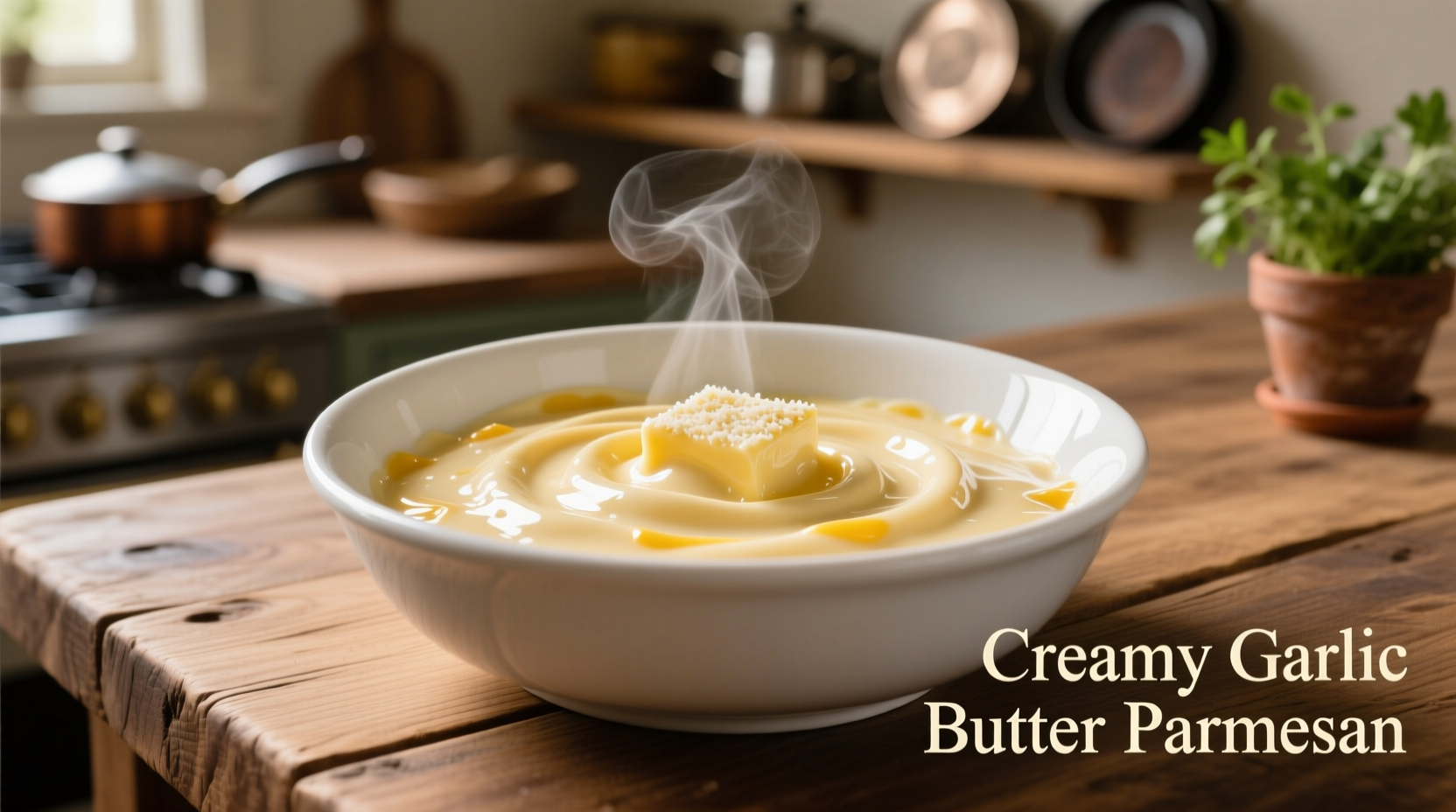 Creamy garlic butter parmesan sauce in white bowl
