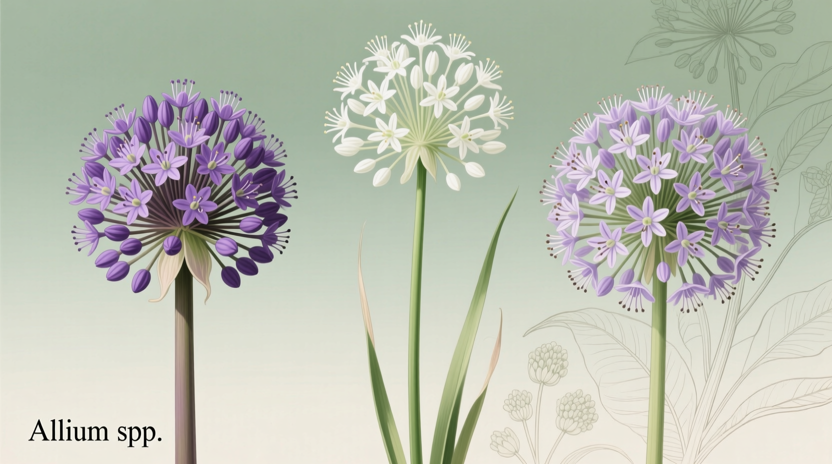 Three allium varieties side by side