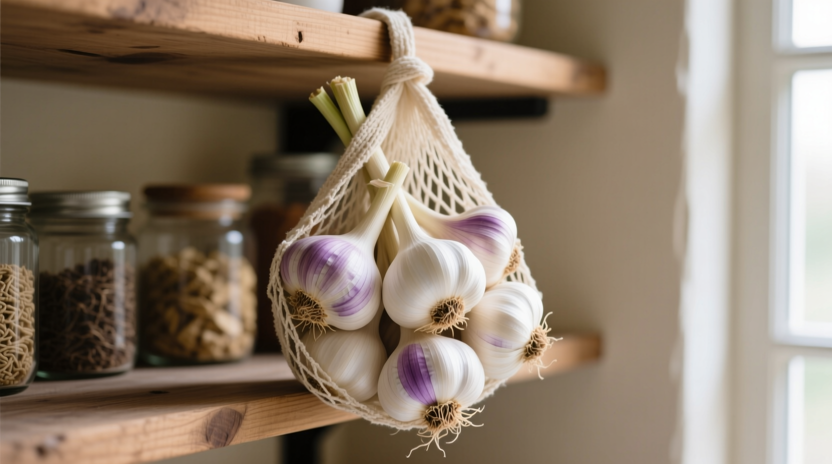Garlic bulbs stored in mesh bag in pantry