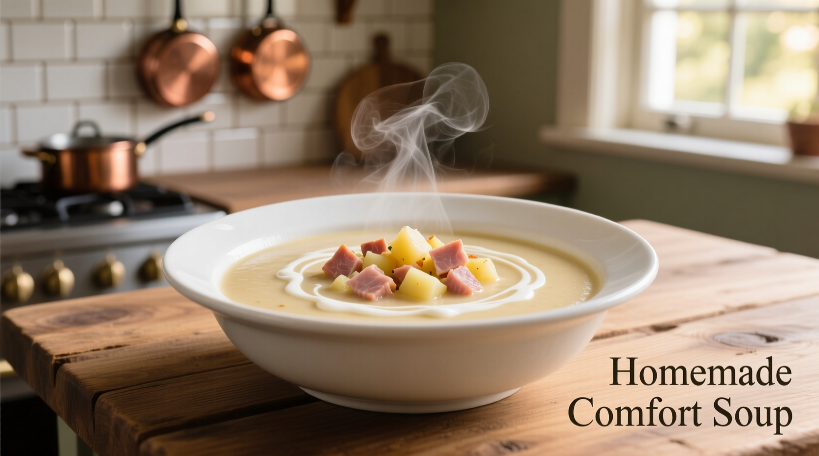 Creamy potato and ham soup in white bowl