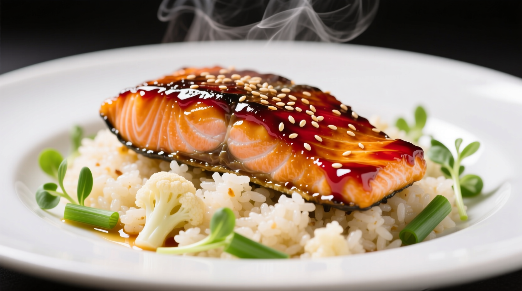 Colorful teriyaki salmon with cauliflower rice