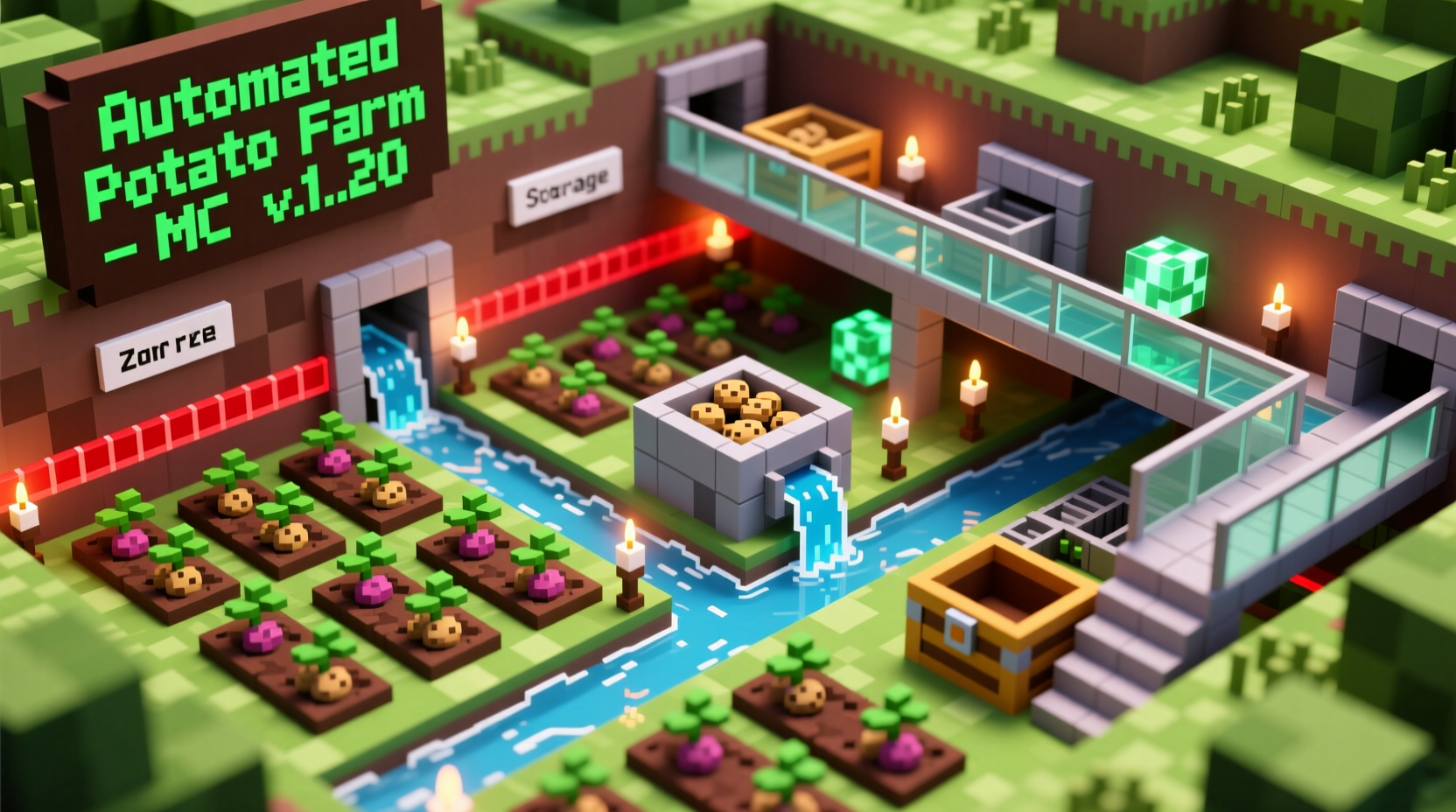 Minecraft potato farm blueprint with water channels and lighting