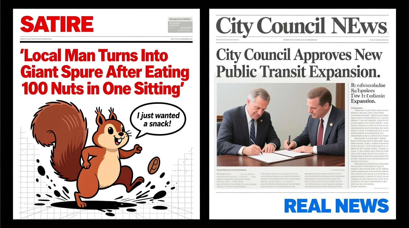 Satirical news article next to real news for comparison