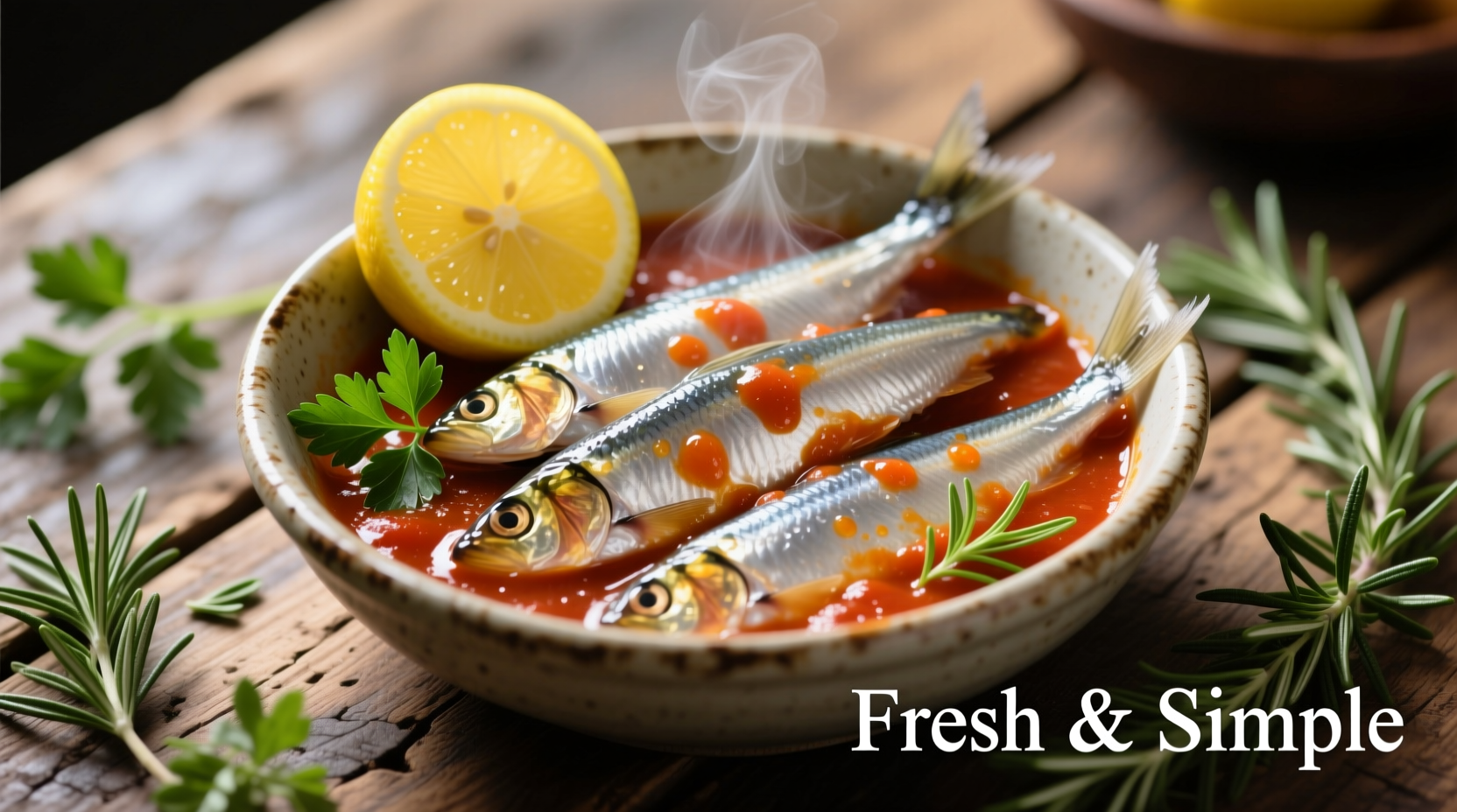 Canned sardines in tomato sauce with lemon and herbs