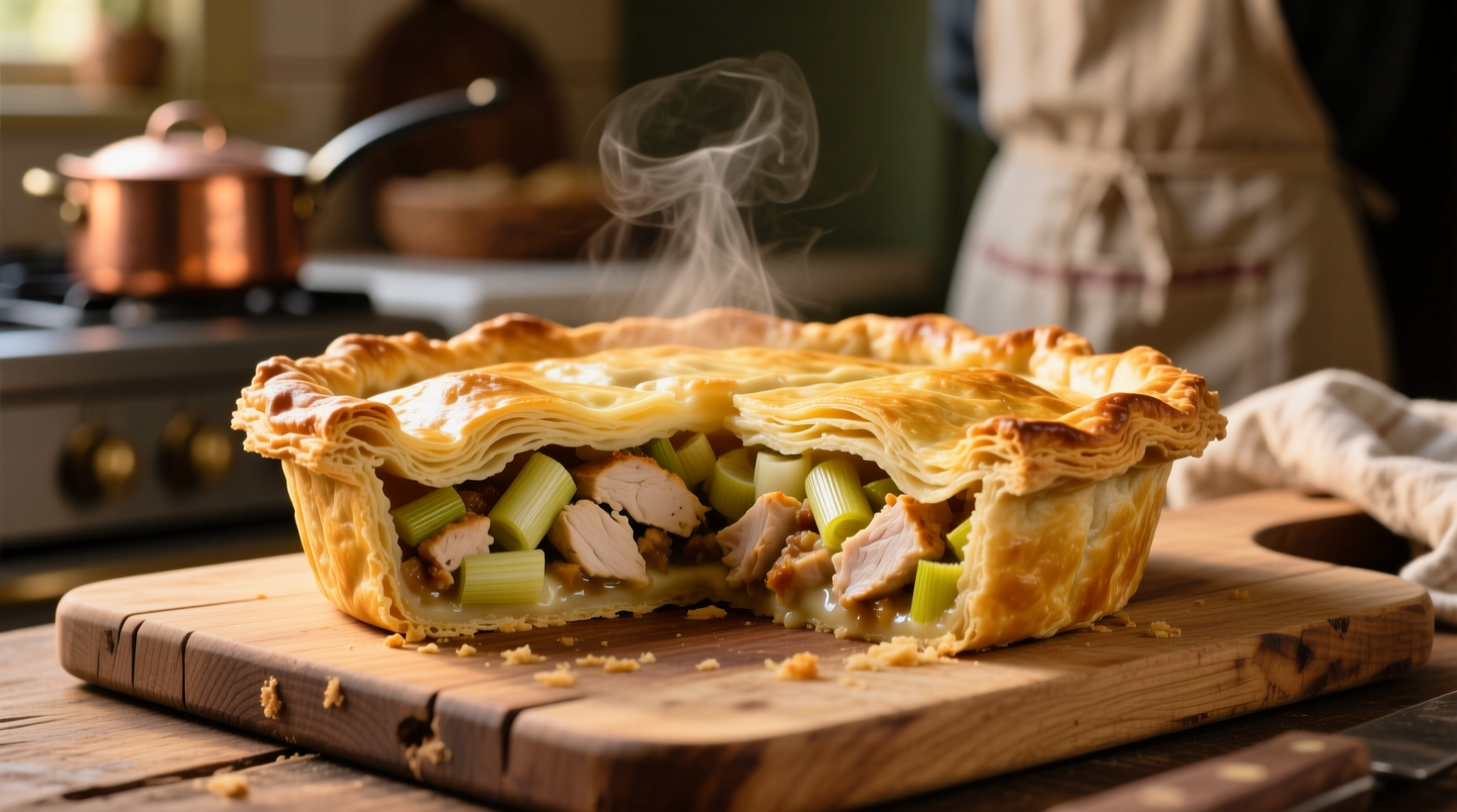 Golden chicken leek pie with flaky crust