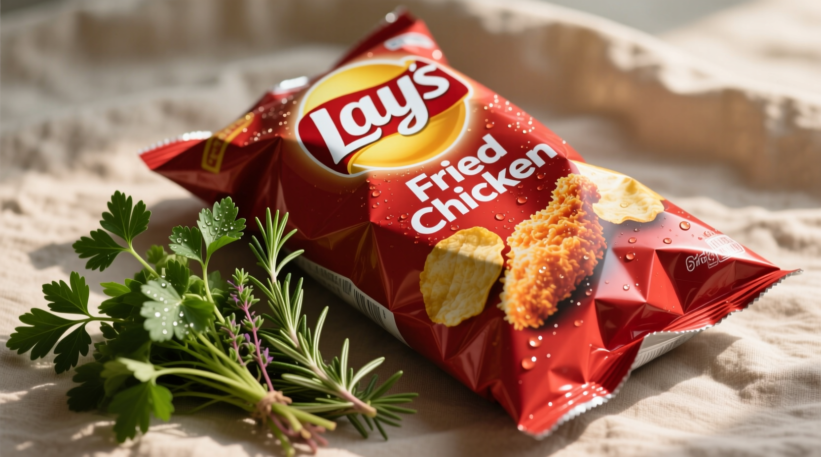 Lay's Fried Chicken Potato Chips bag next to fresh herbs