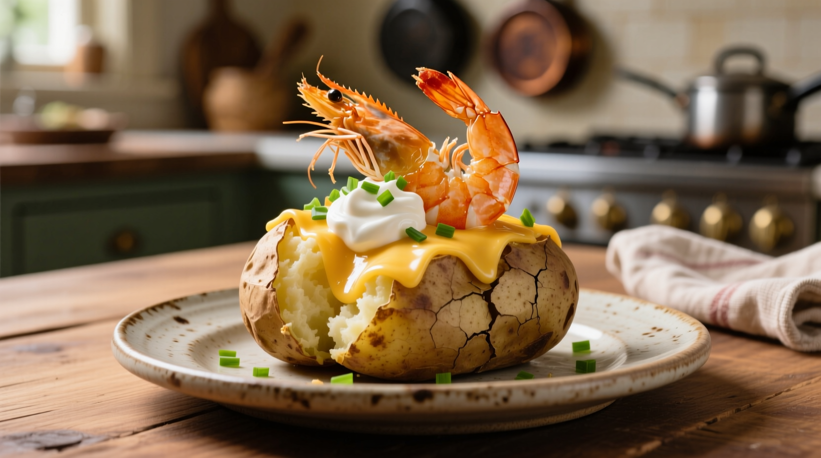 Perfectly cooked shrimp with fluffy baked potato