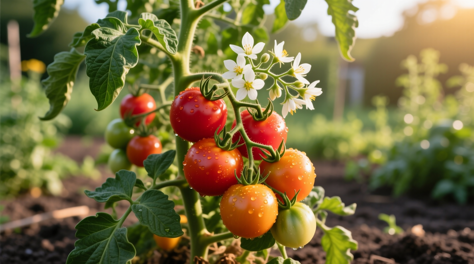 Tomato plant with ripe fruit and flowers