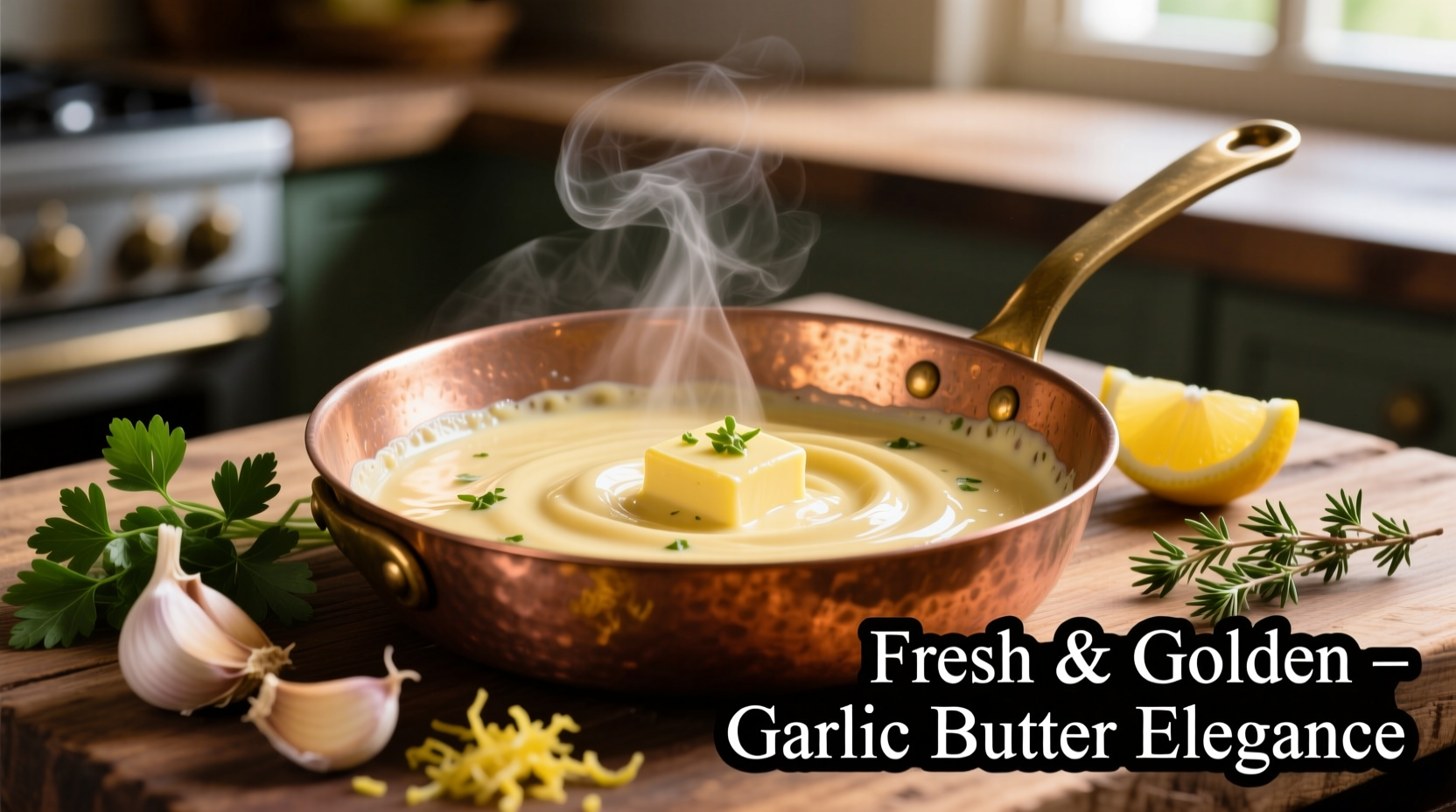 Creamy butter garlic sauce in copper pan with fresh ingredients