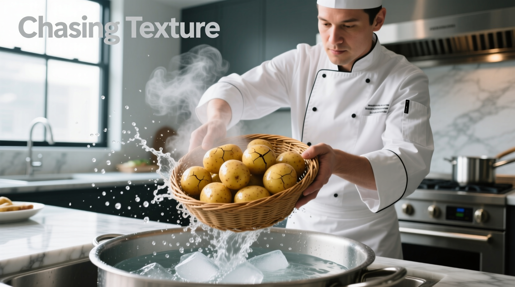 Chef plunging boiled potatoes into ice water bath