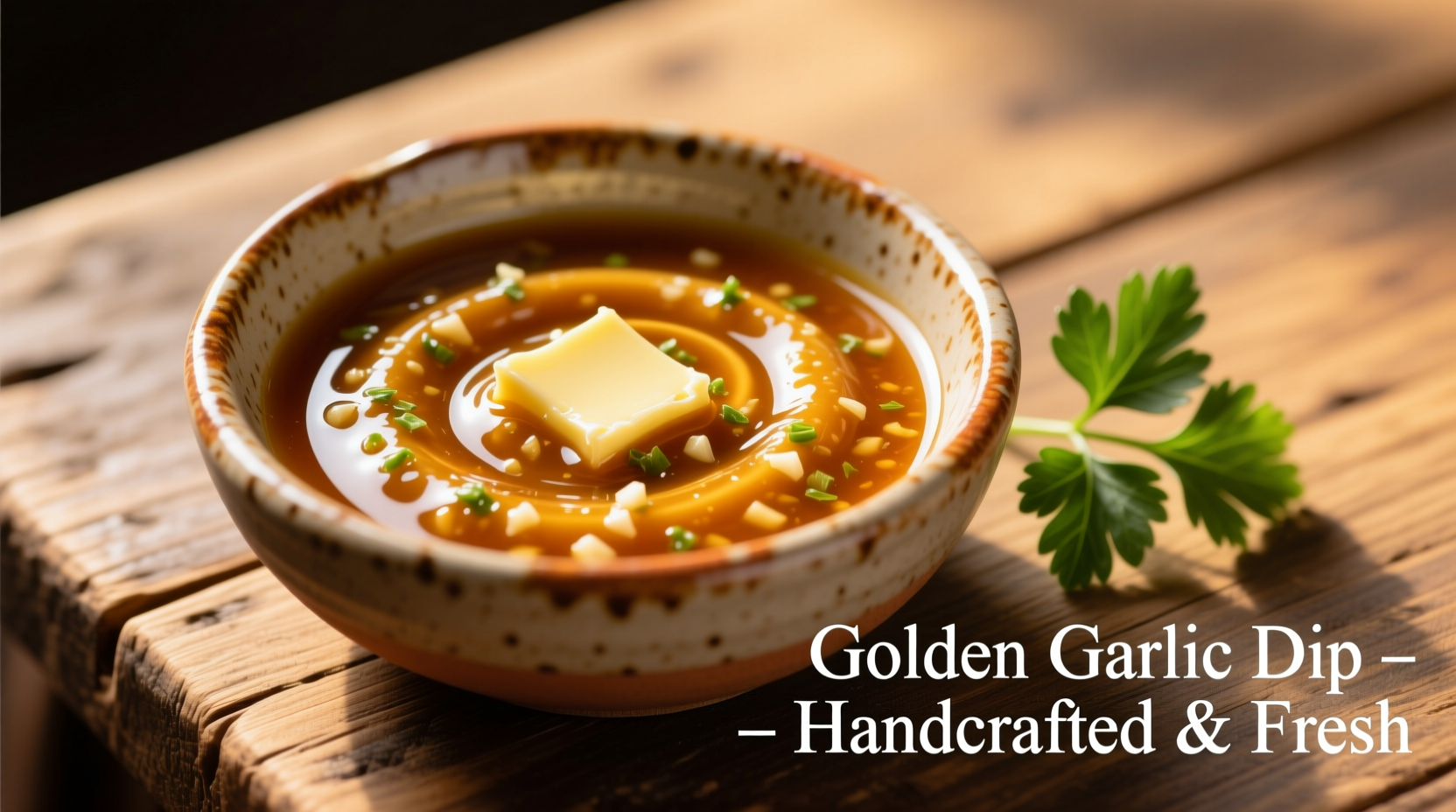 Golden butter garlic dipping sauce in ceramic bowl