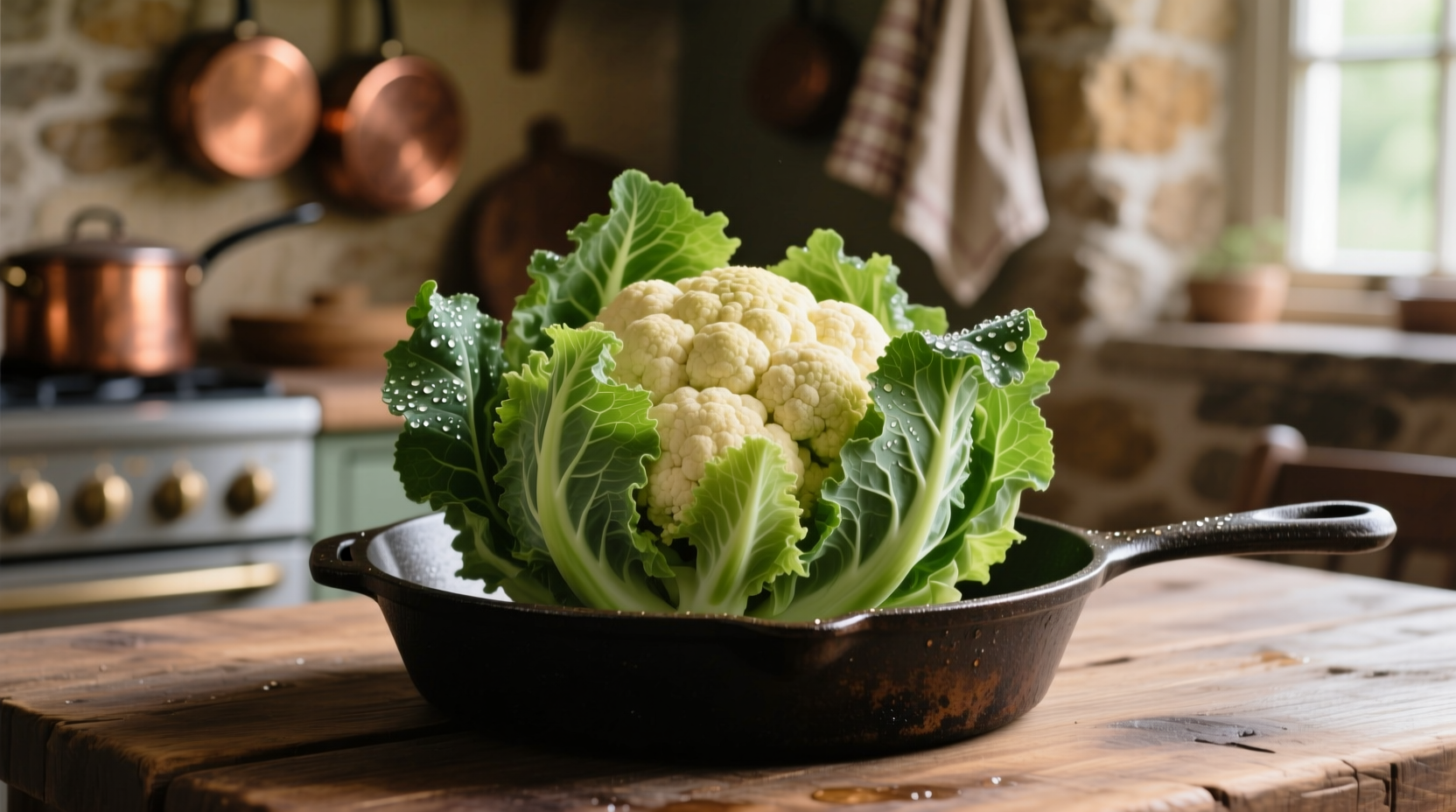 Fresh cauliflower leaves prepared for cooking in cast iron skillet