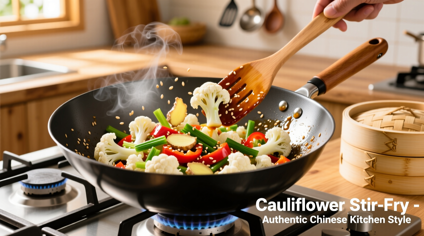 Chinese cauliflower stir fry in wok with fresh ingredients