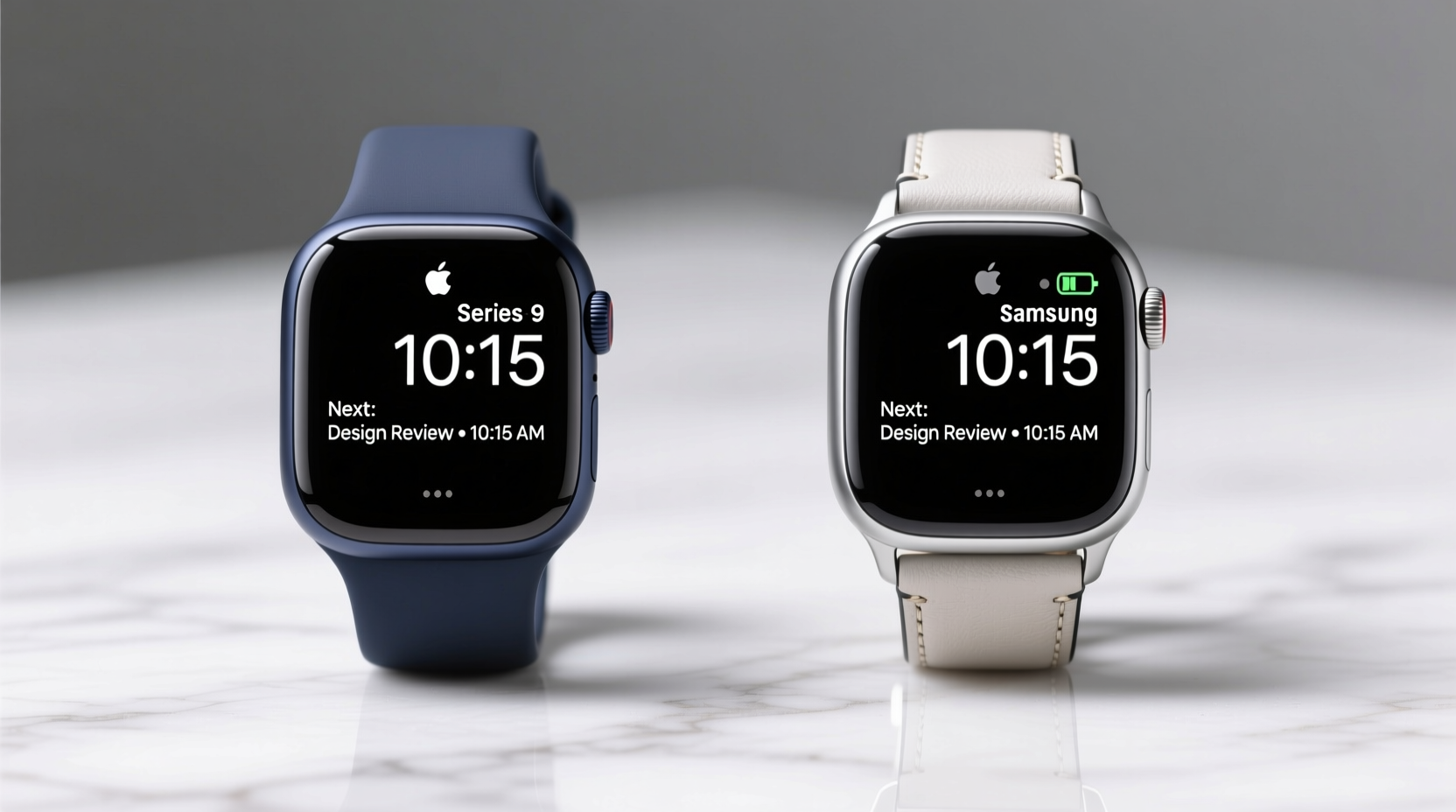 Side-by-side comparison showing an Apple Watch with clean 'Next: Design Review • 10:15 AM' complication and a Samsung Galaxy Watch displaying the same information in identical typography and layout — both watches showing no other indicators, battery icons minimized, and ambient mode disabled.