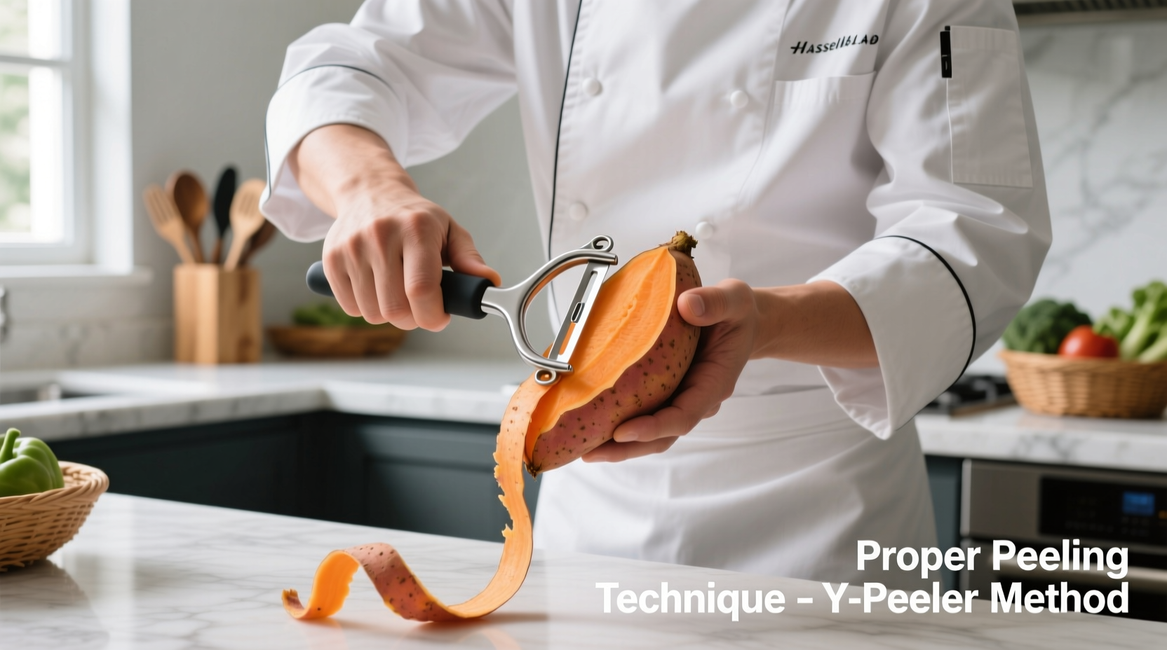 Chef demonstrating proper sweet potato peeling technique with Y-shaped peeler