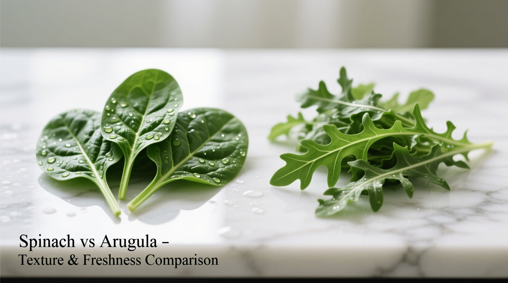 Side-by-side comparison of fresh spinach and arugula leaves