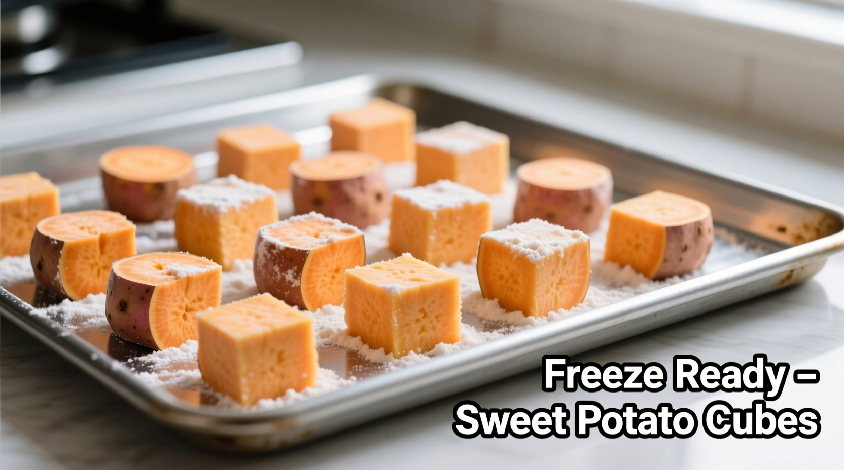 Sweet potato cubes on baking sheet ready for freezing