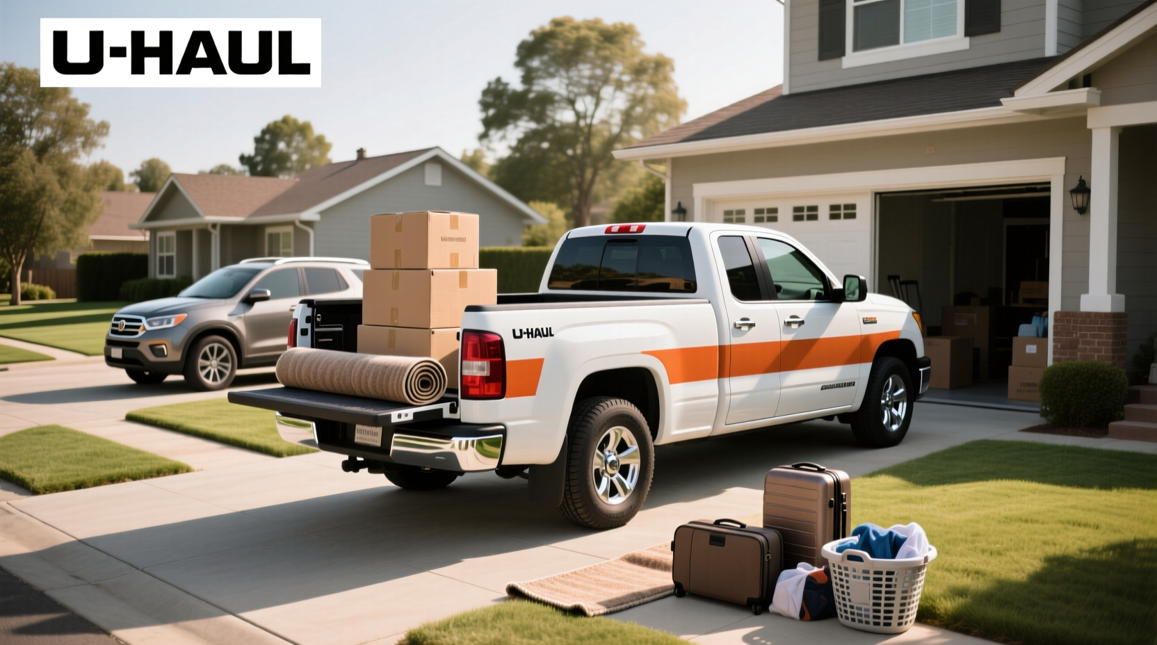 Front and side view of U-Haul pickup truck parked on residential street