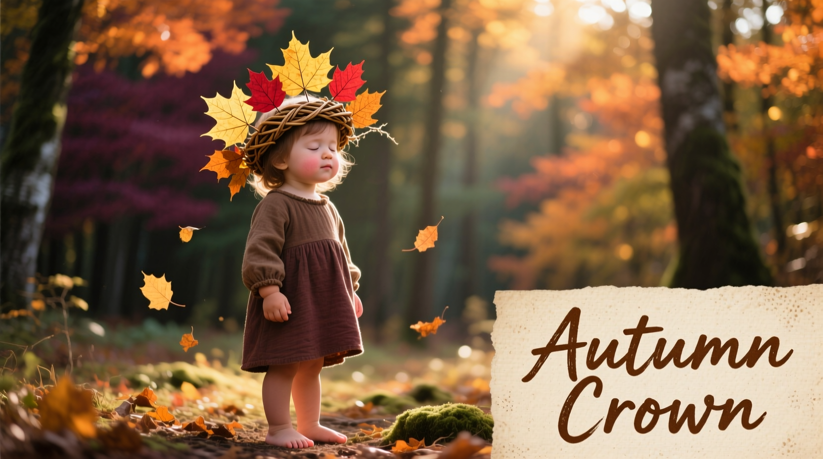 Child wearing handmade leaf crown with autumn foliage