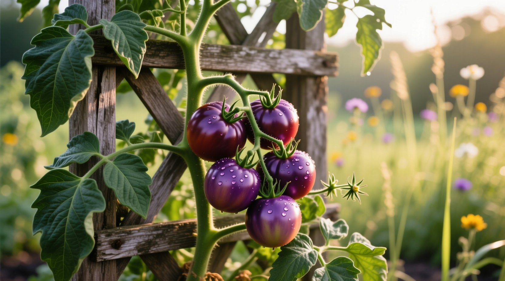 Cherokee Purple tomato plant growing on sturdy trellis