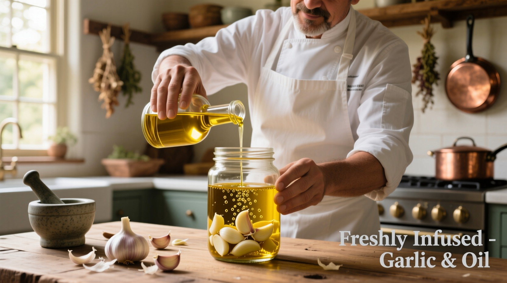 Chef preparing fresh garlic infused oil in glass jar