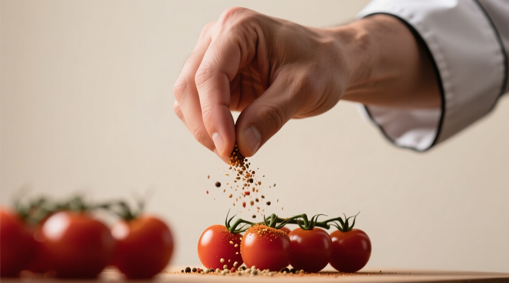Chef's hand demonstrating proper spice sprinkling technique: wrist flick motion for even distribution