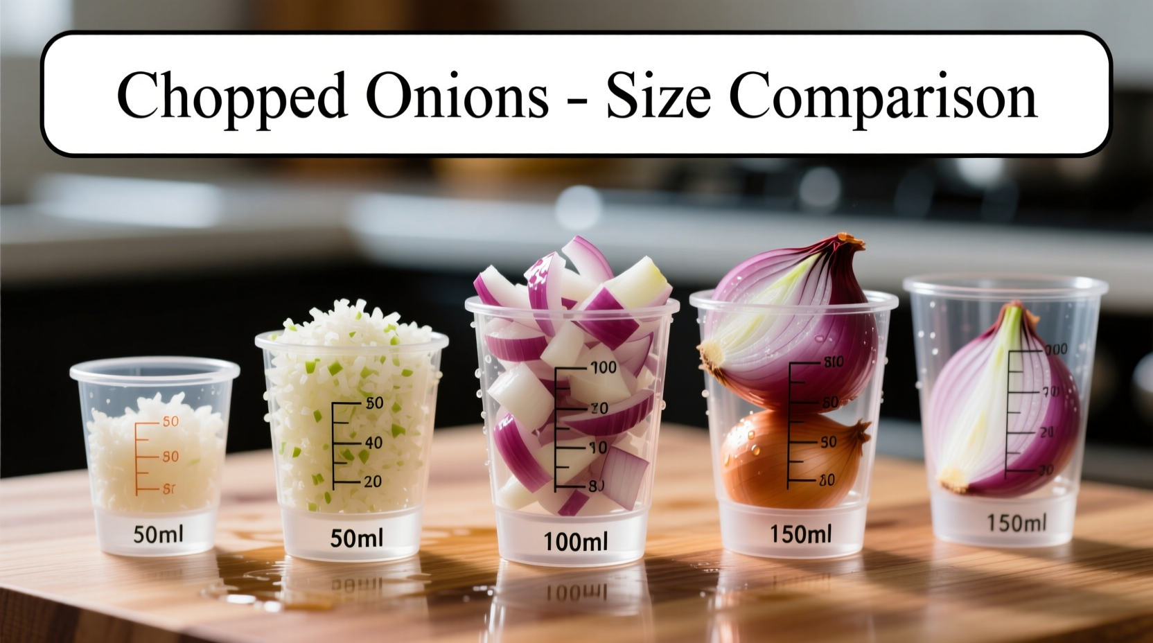Chopped onions in measuring cups showing different sizes