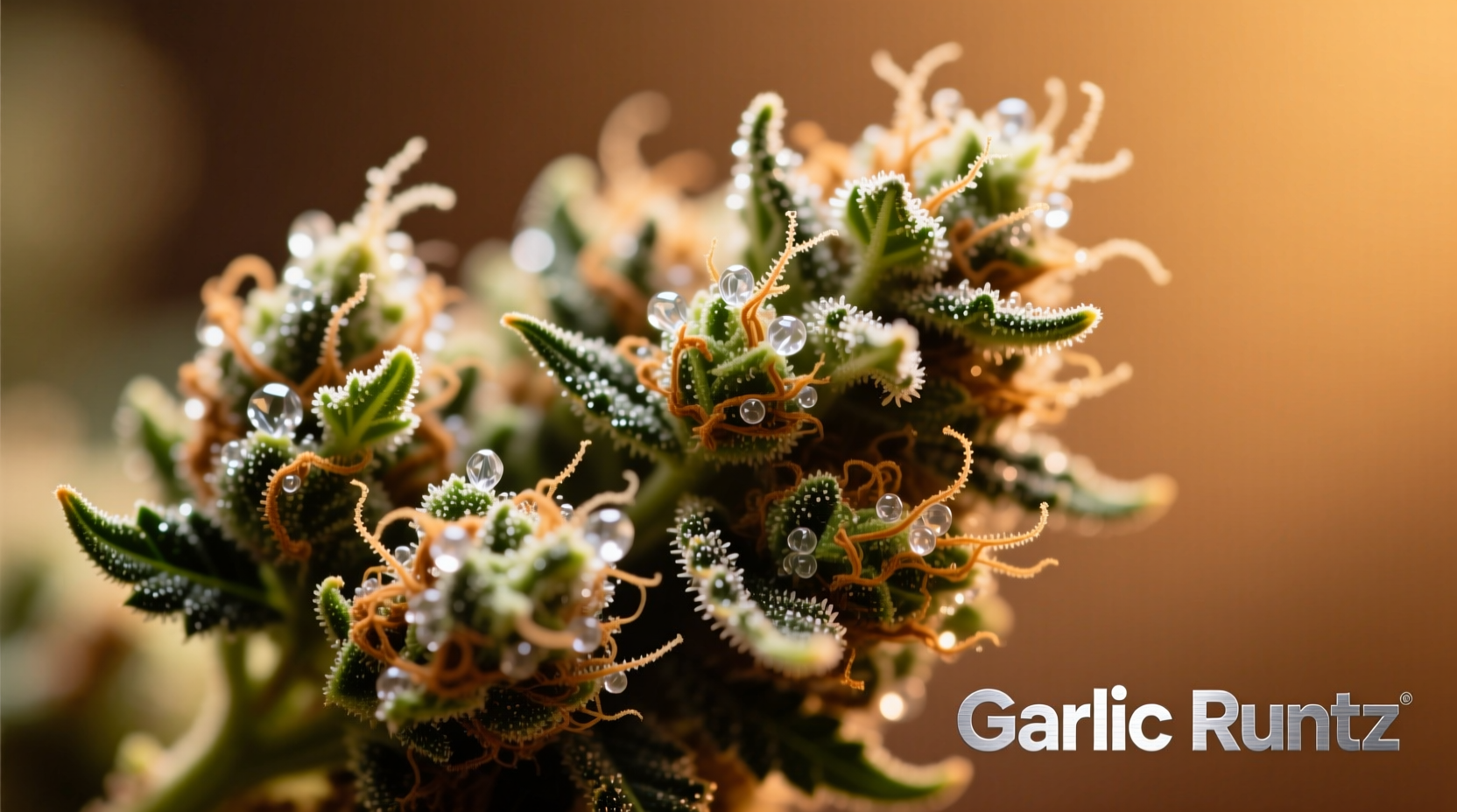 Close-up of Garlic Runtz cannabis buds showing trichomes