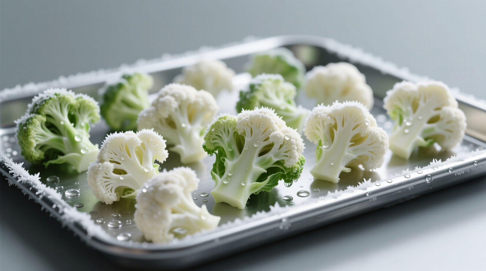 Fresh cauliflower florets on baking sheet ready for freezing