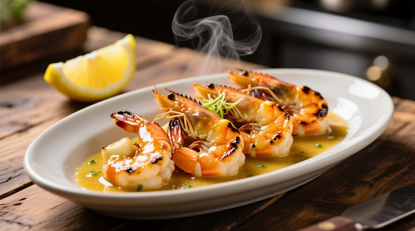 Perfectly cooked shrimp garlic entree with lemon wedges