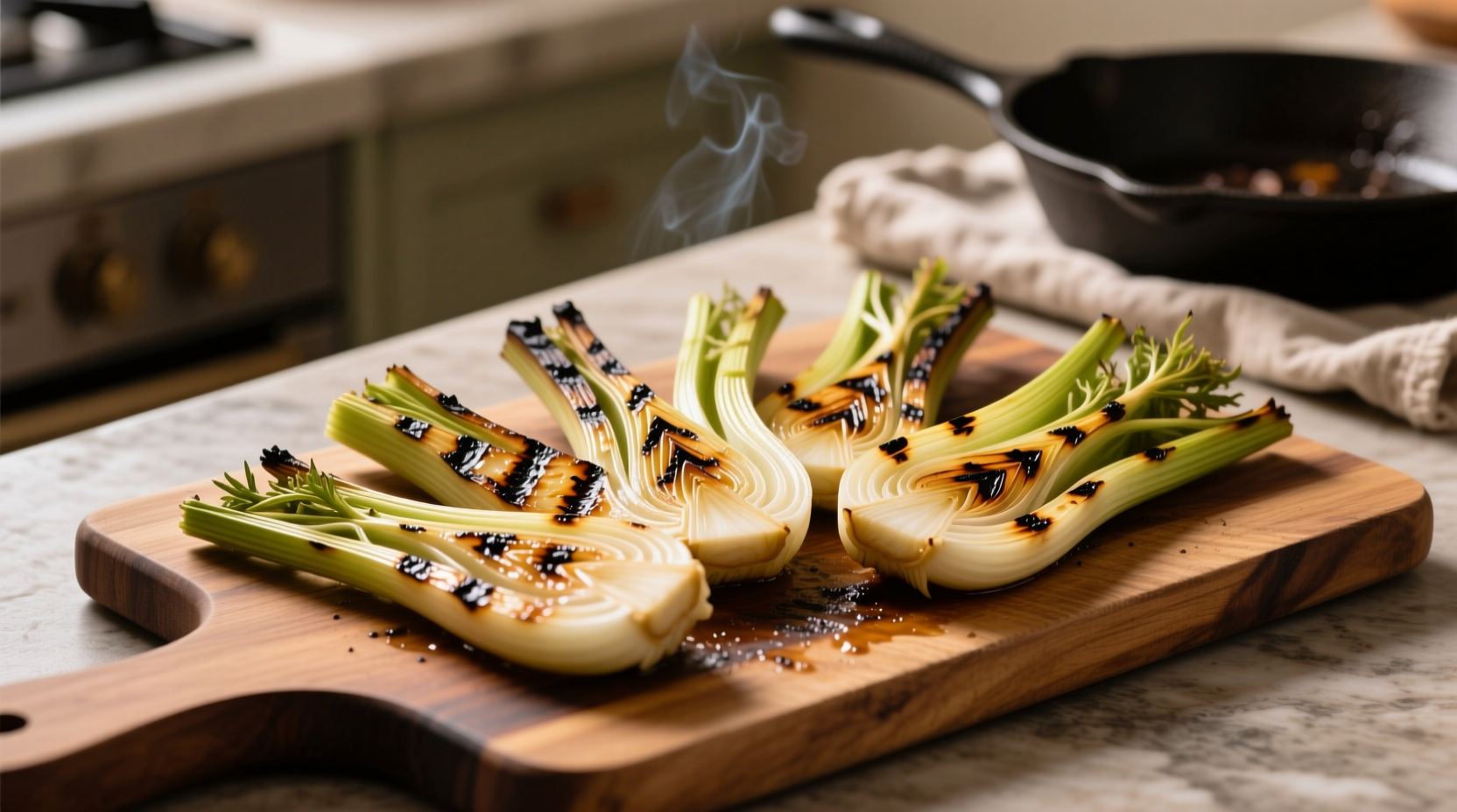 Grilled fennel slices with char marks on barbecue