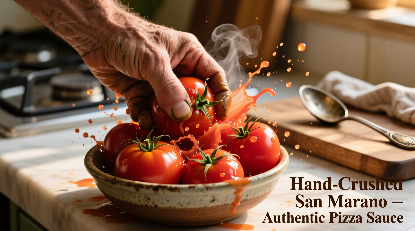 Hand-crushing San Marzano tomatoes for pizza sauce