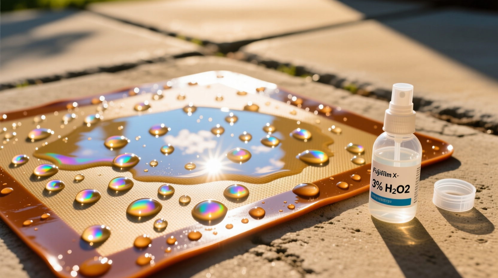 A silicone baking mat laid flat on a concrete patio under bright midday sun, with visible droplets of hydrogen peroxide glistening on its surface; a small spray bottle labeled '3% H₂O₂' sits nearby