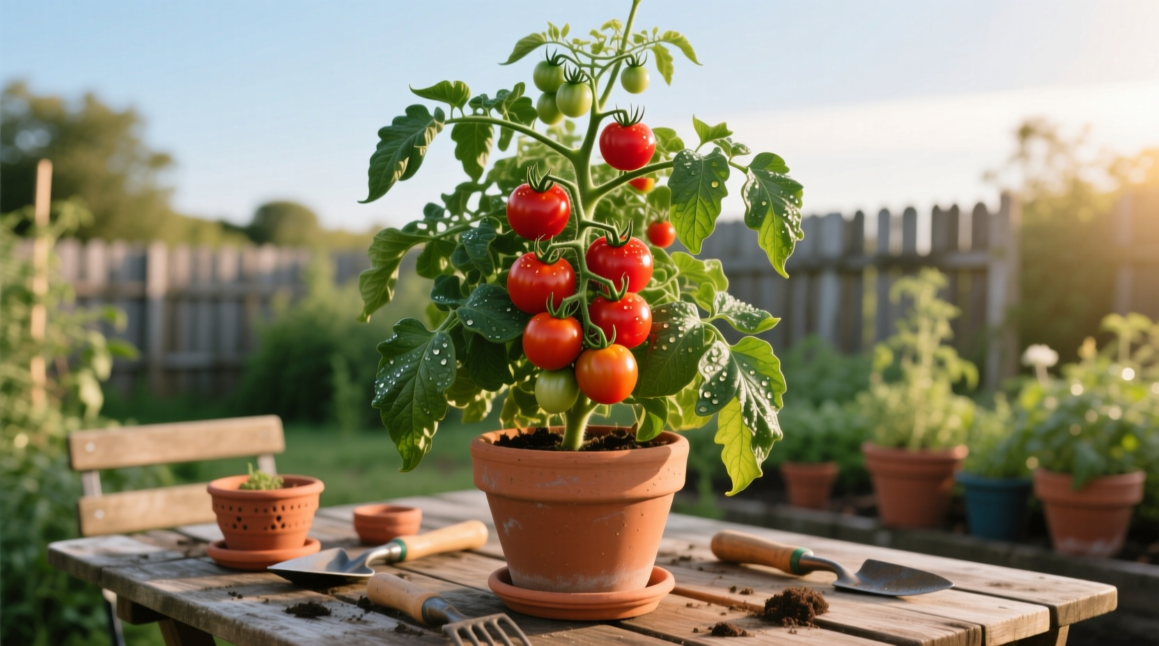 Determinate tomato plant growing in container garden
