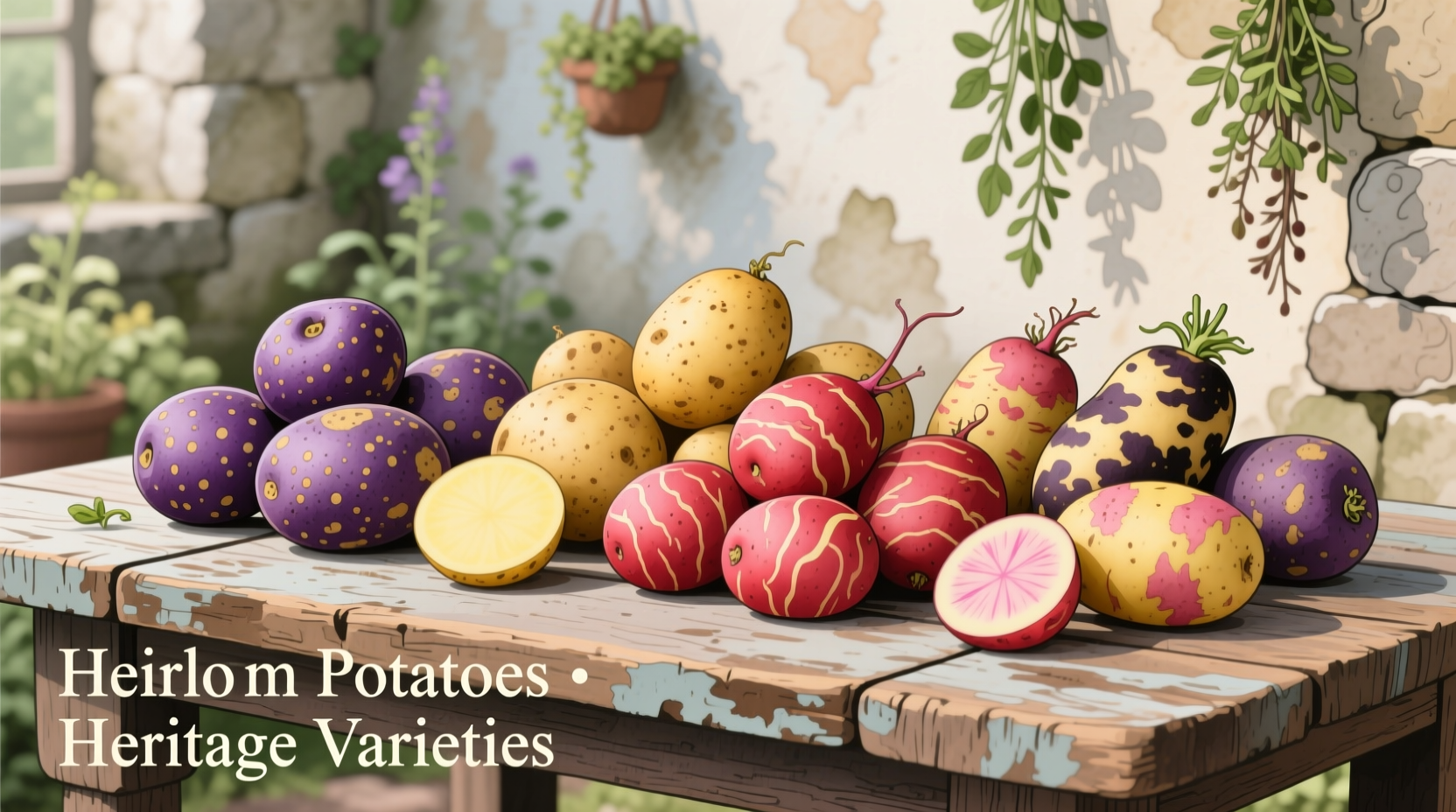 Colorful heirloom potato varieties on wooden table